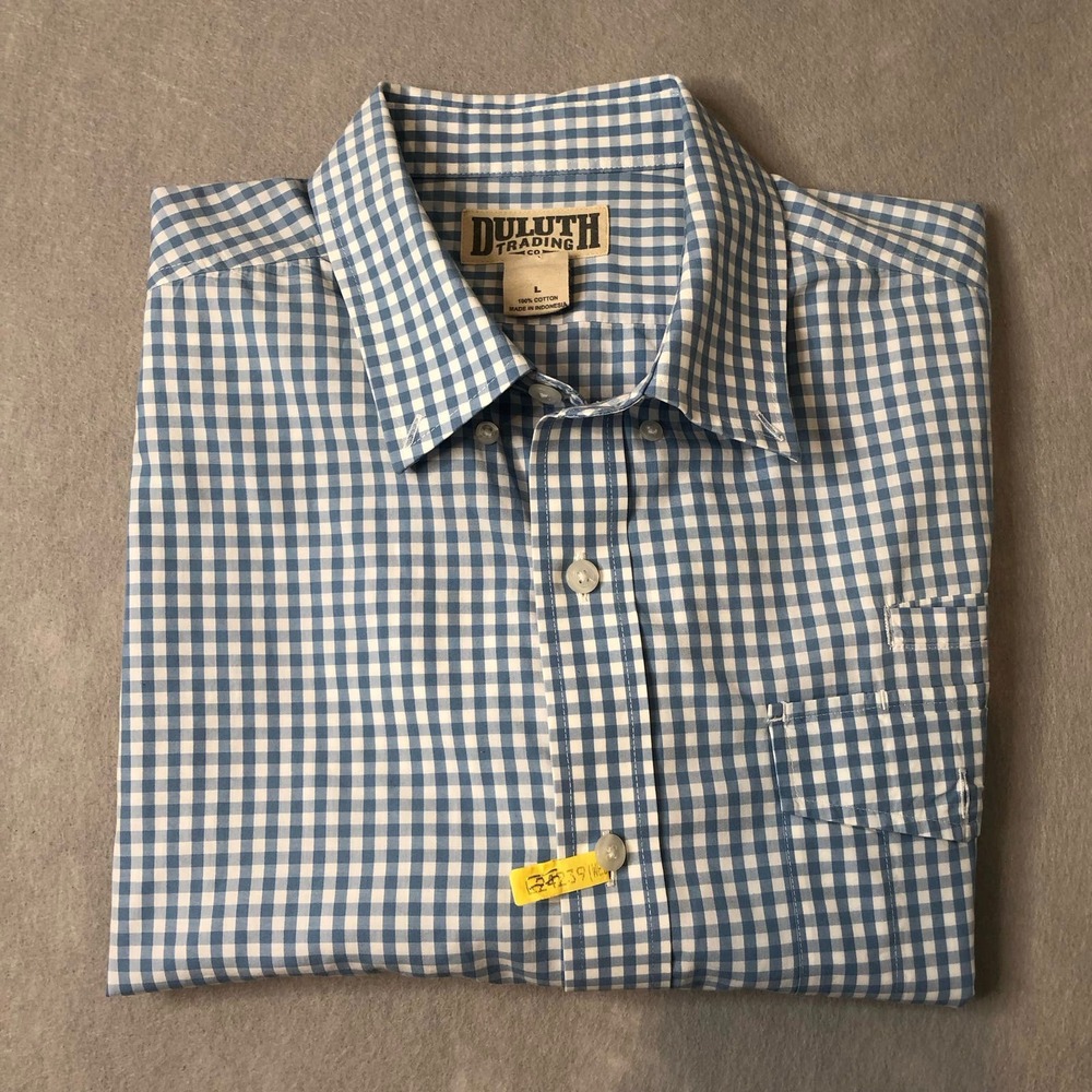 Duluth Trading Men’s Large Short Sleeve Shirt Light Blue Gingham Chk 100% Cotton